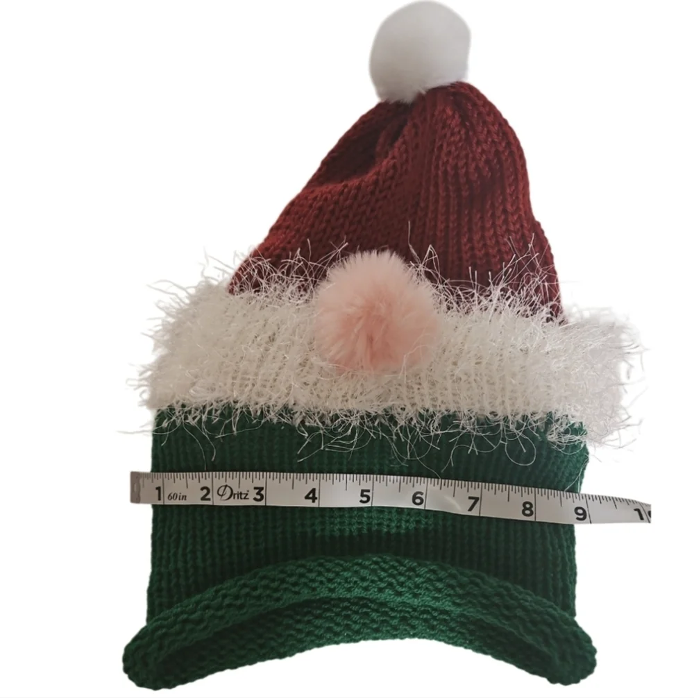 Hand Crafted Kids Festive Red Green Knit  Gnome Hat Faux Fur Beanie Hat Crochet